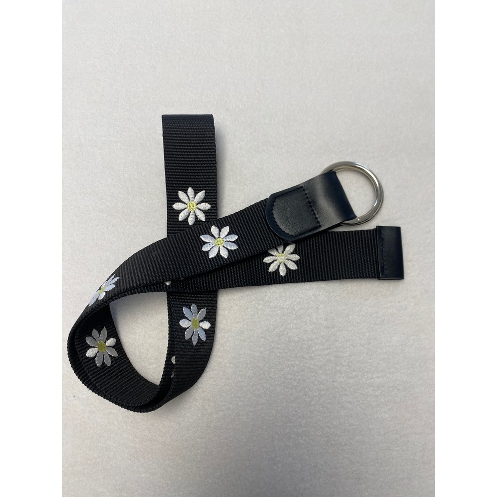 Womens Black Daisy Embroidered Web Belt Silver D Ring Size Large